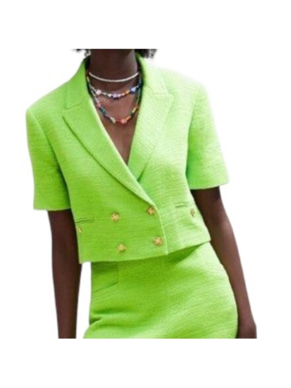 Zara | Textured Cropped Blazer Jacket Lime Green Gold Button | Size XS